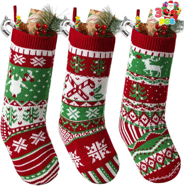JOYFY 3-Pack 18” Christmas Stockings – Large Rustic Cable Knit, Red & Green